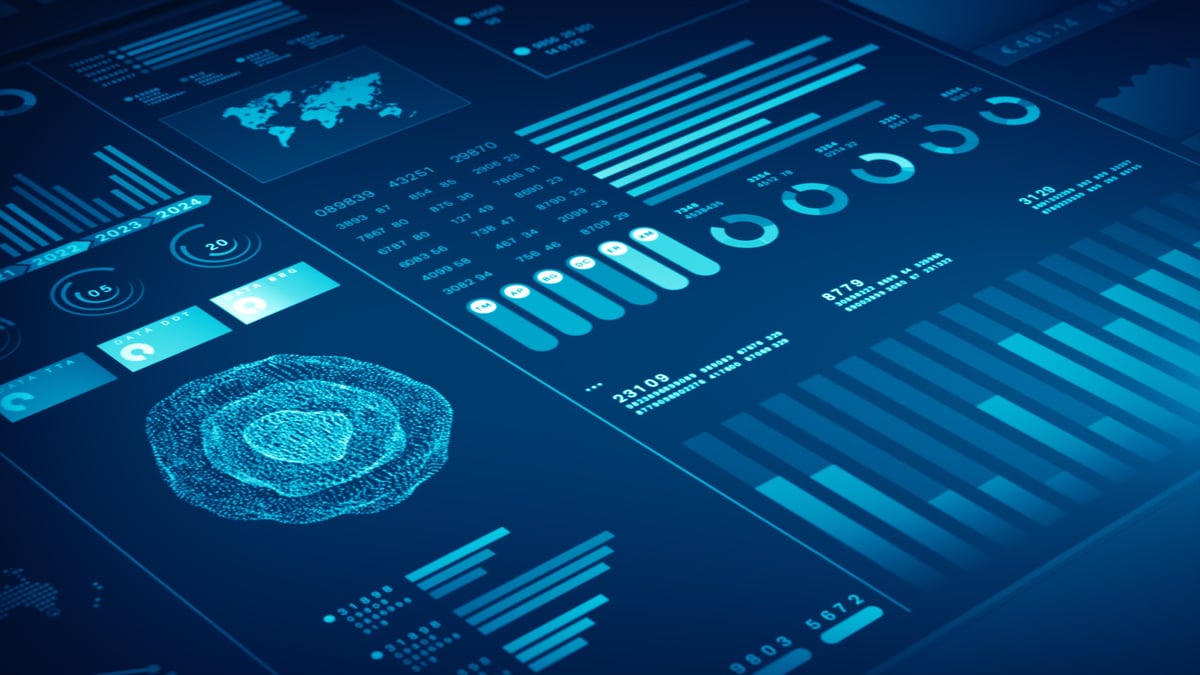 Blue data analytics dashboard showing sales metrics and pipeline visualization