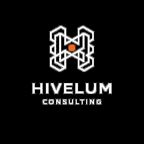 Hivelum Consulting logo featuring geometric hexagonal design with orange dot and white text on black background