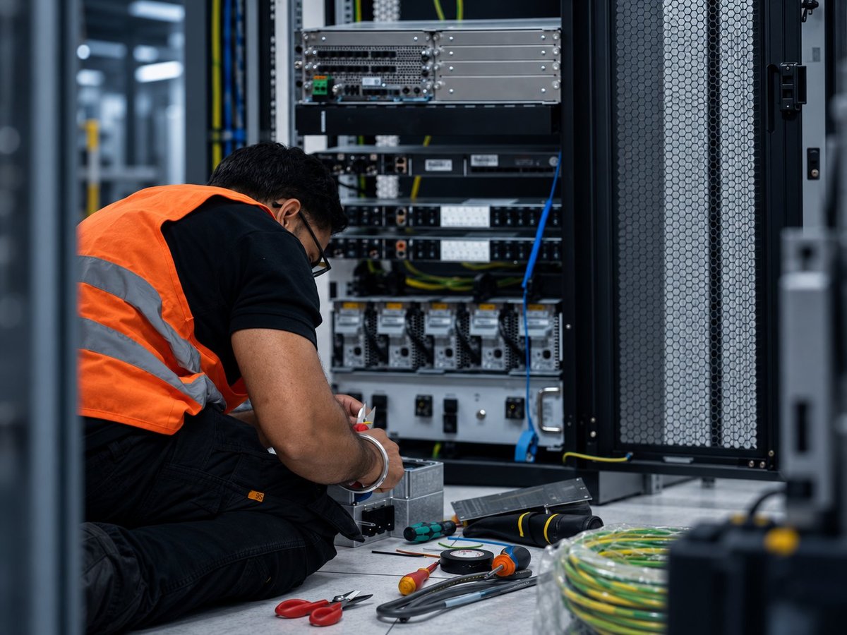 Technician in orange safety vest working on server equipment in a data center rack installation