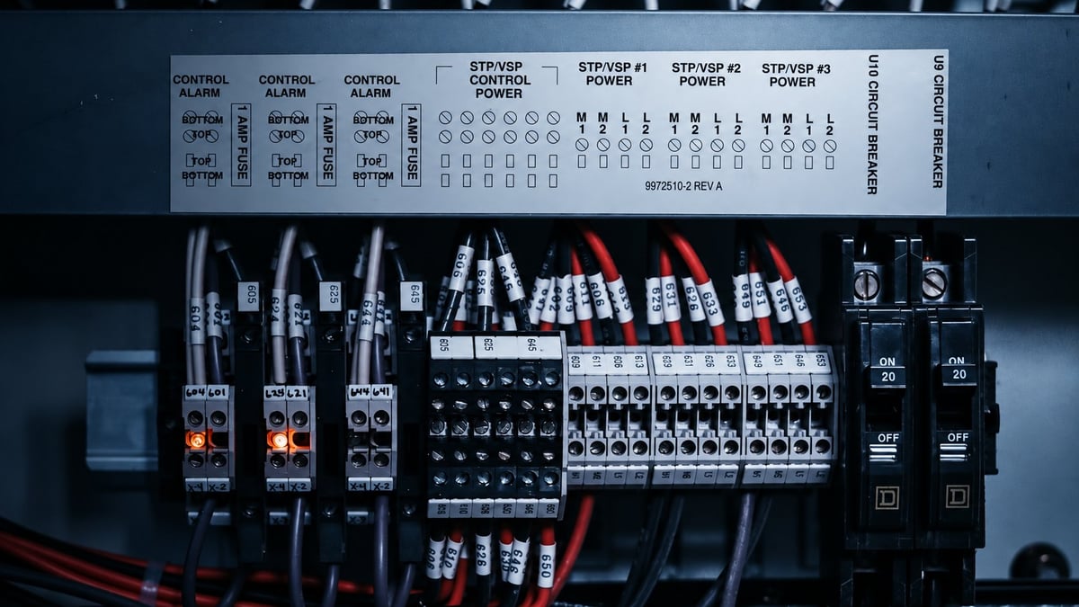 Close-up of industrial electrical control panel with circuit breakers, fuses, relays, and labeled terminals showing power distribution system.